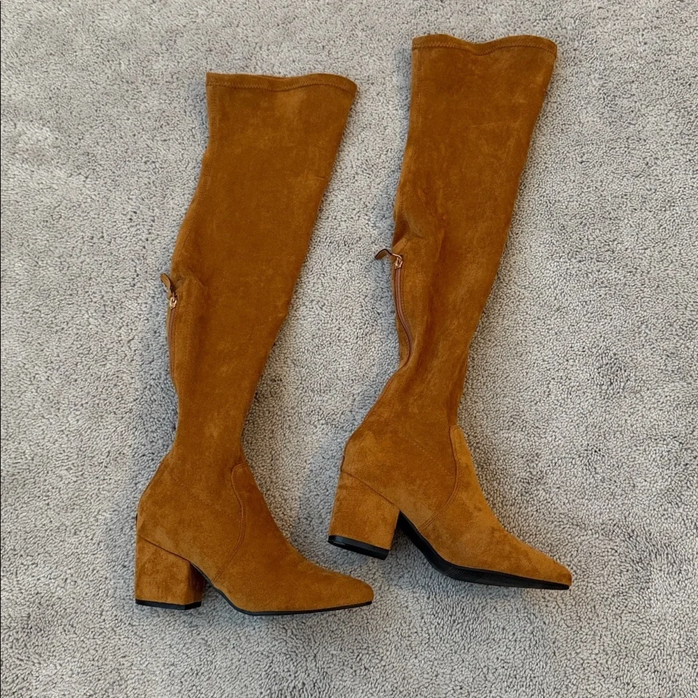 Goodnight Macaroon ‘Marlo’ Over-The-Knee Boots | Size 37 | Tan Suede Leather